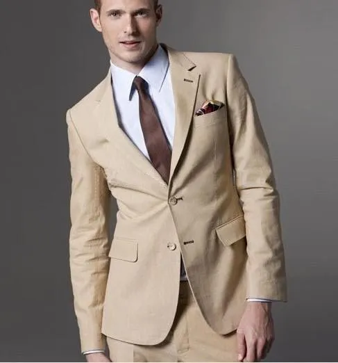 New Designe Beige Groom Tuxedos Groomsmen Blazer Excellent Notch Lapel Two Button Men Business Party Prom Suit(Jacket+Pants+ Tie) 255