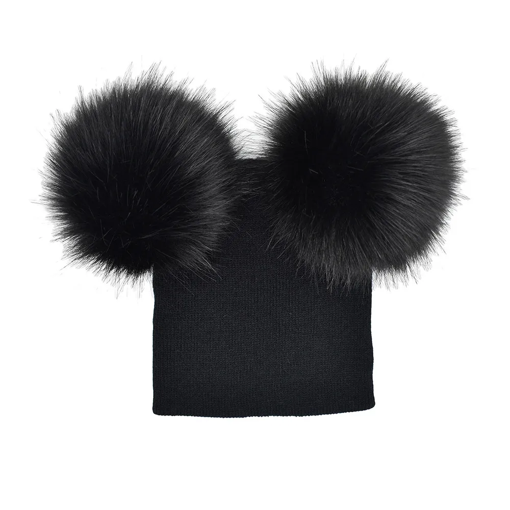 Partihandel Kids Pom Pom Winter Knit Beanie Fotografi Faux Fur Hat Knit Cap Vinter Utomhus Varma Hattar Med Dubbel Fur Bollar På Top