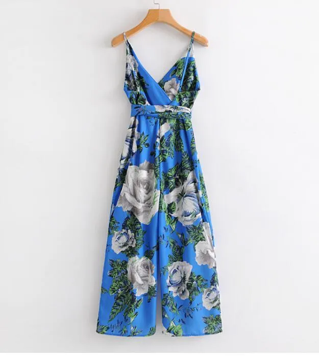 Europe and the United States fashion printing holiday high waist shows thin leakage back jumpsuit dress 