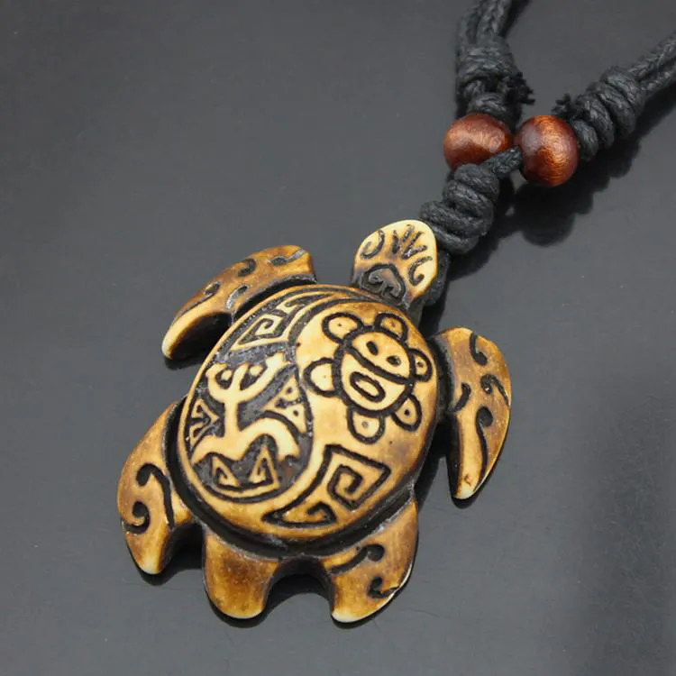 Fashion men Yak Bone Powder Carved Sun Smiley Frog Surfer Turtles Pendant Charm Necklace Wood Beads Adjustable Rope Necklace