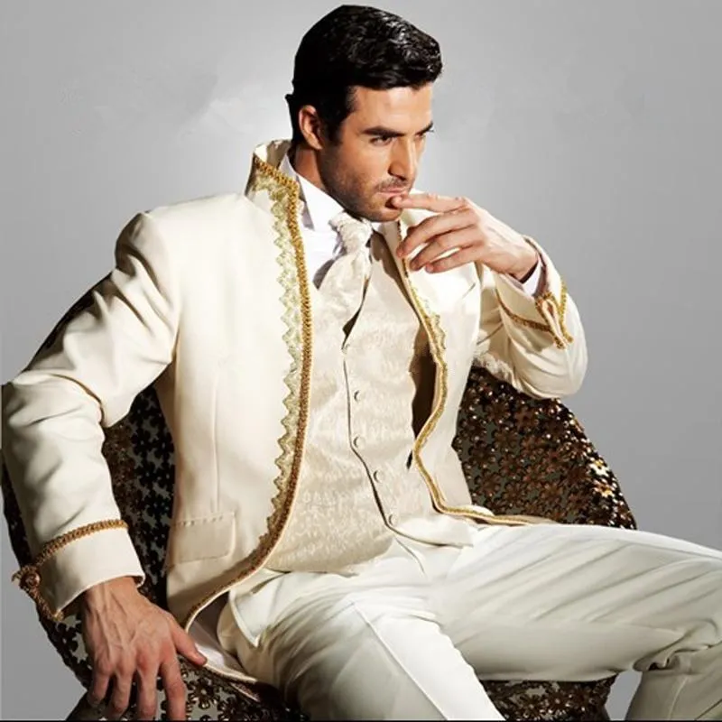 Klasyczny styl Ivory Groom Tuxedos Stand Collar Groomsmen Best Man Blazer Mens Wedding Suits (kurtka + spodnie + kamizelka + krawat) H: 639