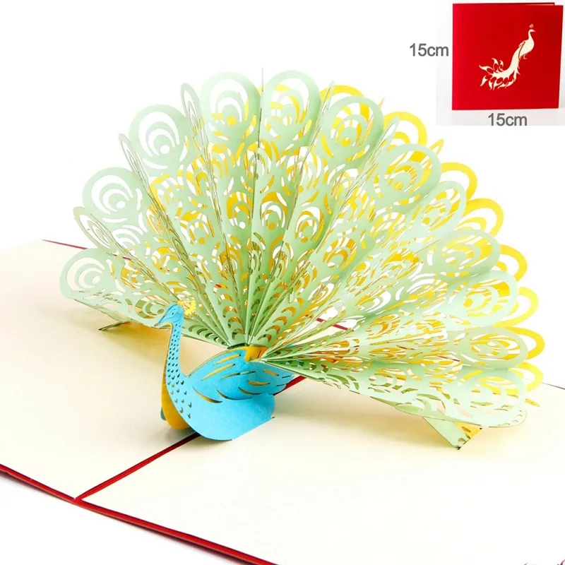 3D Peacock pop up gratulationskort laserskärning Retro kuvert vykort ihåliga snidade handgjorda tack inbjudningskort Kirigami Origami