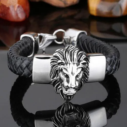 Tête de Lion Noir Bracelet En Cuir Véritable Qualité Cool Punk Rock Animal En Acier Inoxydable Hommes Bracelets Bracelets Accessoire