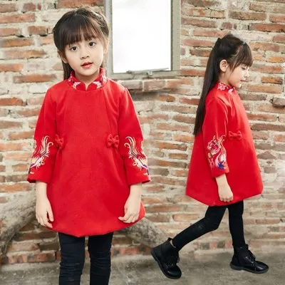 Chinese Style Girls Embroidered Cheongsam Bowknot Dress 2018 New Year Dress Children Clothing Baby Girl Clothes Thick Kids Clothing