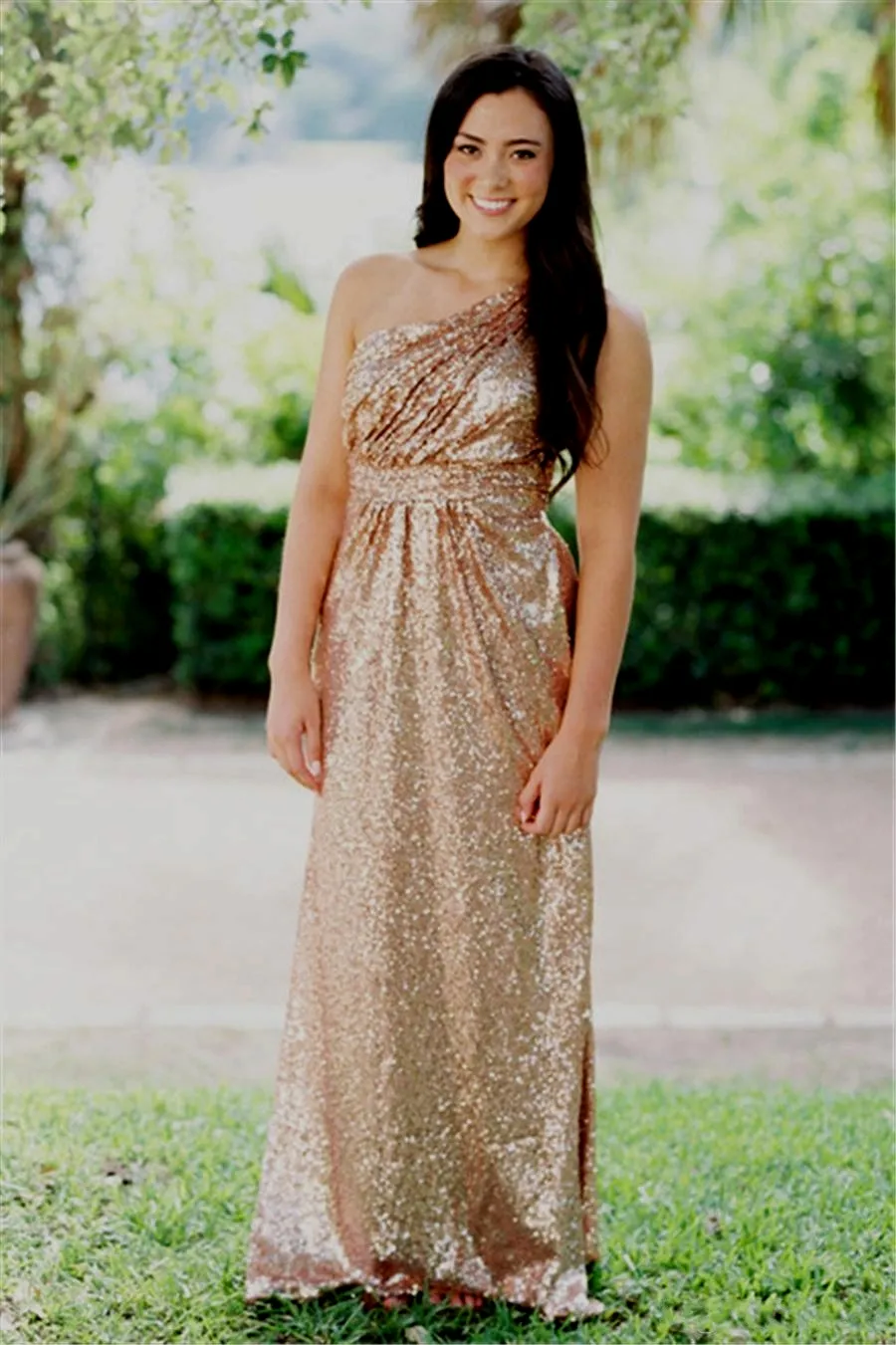 Champagne Satin One Shoulder Gold Sparkly Bridesmaid Dresses Werbowy One  Shoulder Sequin Gold Sequin Bridesmaid Dresses A-Line Pleated Formal Gown  (HY254)