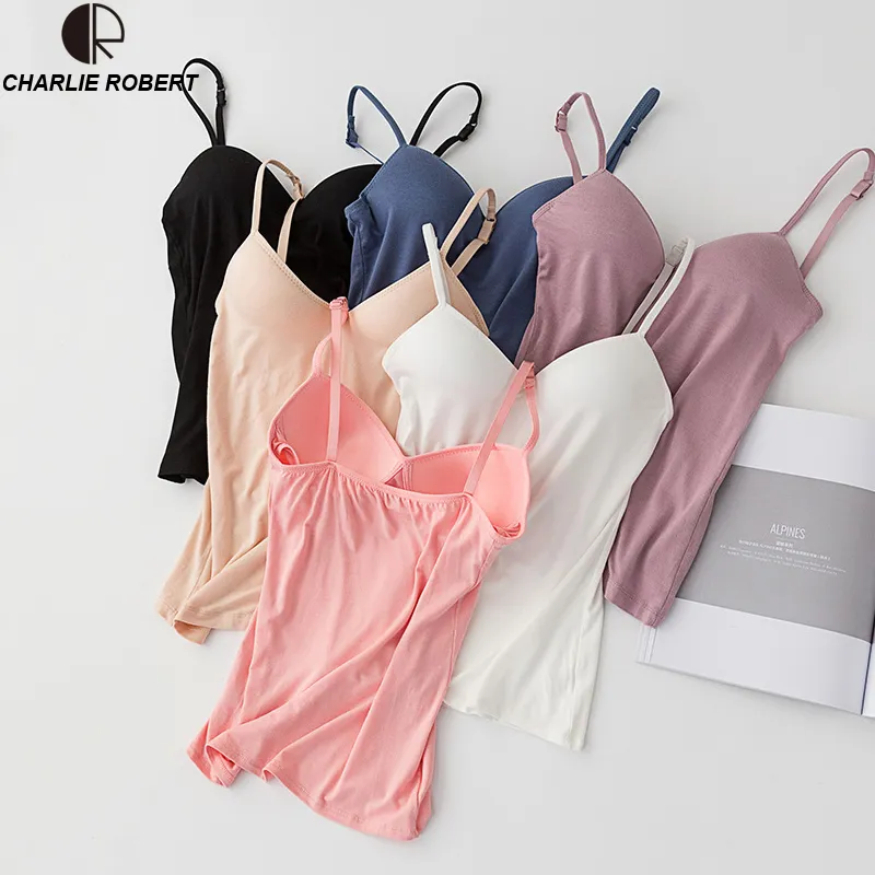 Padded Bra Tank Top Women Modal Spaghetti Strap Camisole with built in bra Solid Cami Top female Tops Vest Fitness Clothing