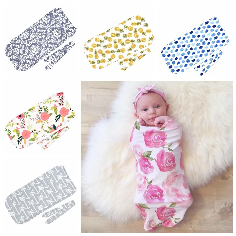 11 kleuren baby bloemen katoenen swaddle deken 2 stuk set slaapzakken mousseline wrap + hoofdband pasgeboren baby pyjama haarband x084