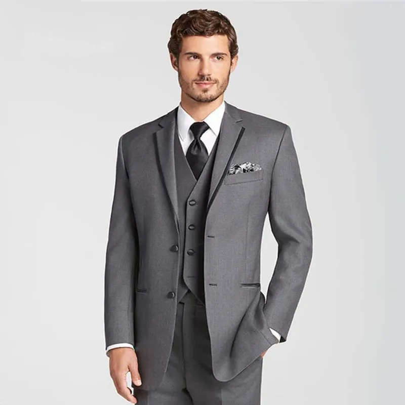 Mężczyźni Garnitury Gray Wedding Garnitury Oblubienica Custom Made Business Slim Fit Fashion Formalne Tuxedo Groom Nosić Best Man Blazer Prom Kurtka + Pant + Kamizelka