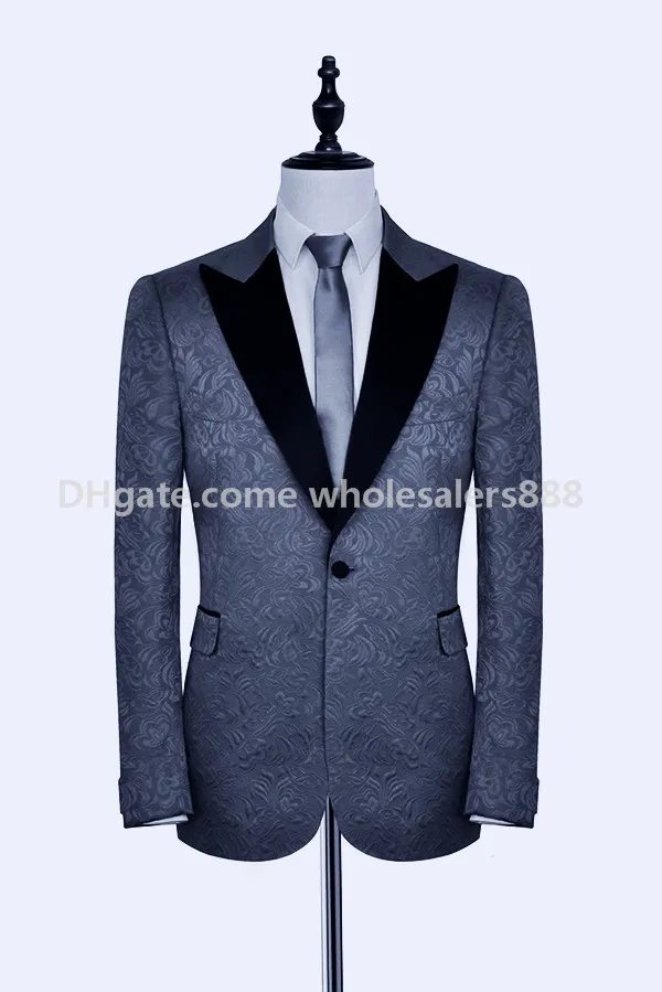 New Arrival Groomsmen Navy Blue Wzór Groom Tuxedos Peak Satin Lapel Mężczyźni Garnitury Side Vent Wedding / Prom Best Man (Kurtka + Spodnie + Krawat) K981