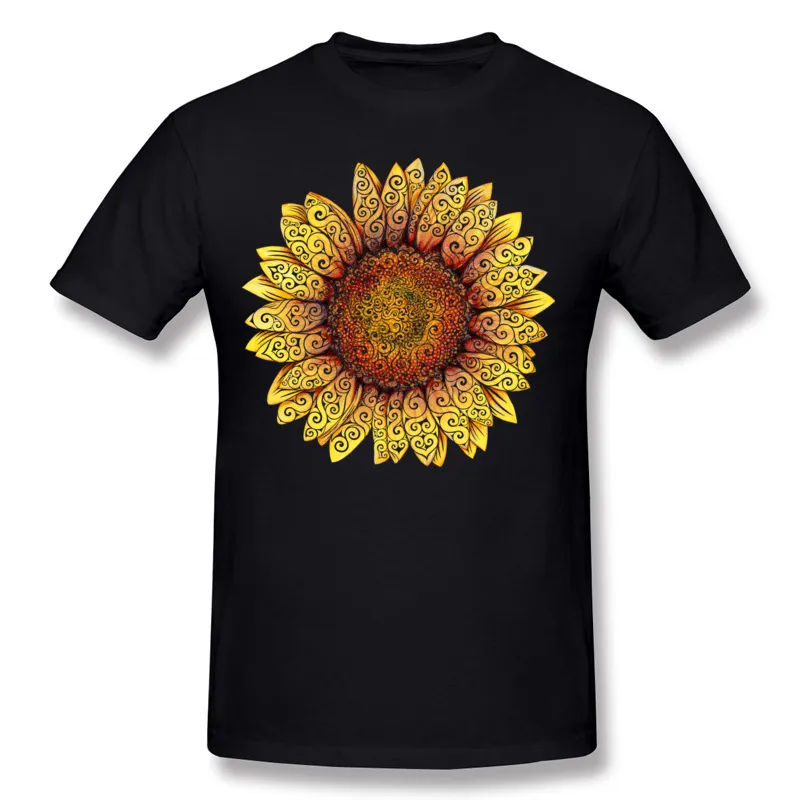 Orden mixta hombre 100% tela de algodón Swirly girasol camisetas hombre cuello redondo azul marino manga corta Camiseta talla grande Casual camisetas