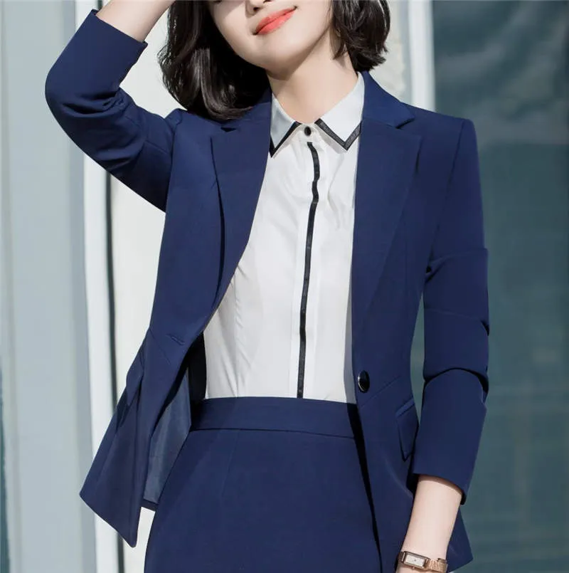2018 Women Black Blue Office Blazers And Jackets Single Button
