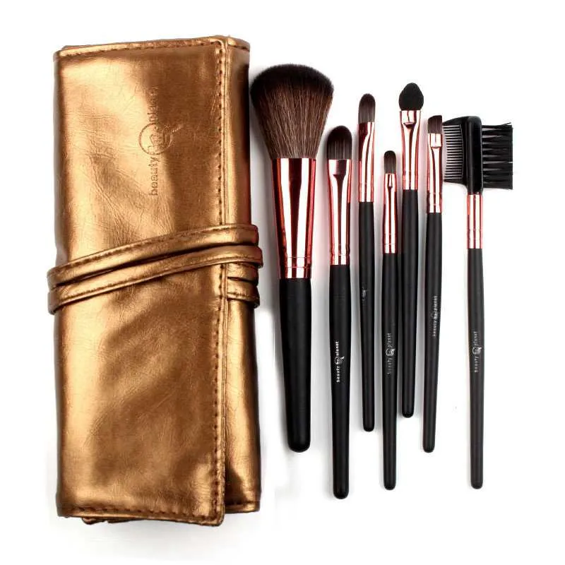 Conjunto de 7 pincéis de maquiagem de alta qualidade em elegante rosa/marrom/rosa vermelho/preto/bolsa de couro dourado pincéis de maquiagem portáteis