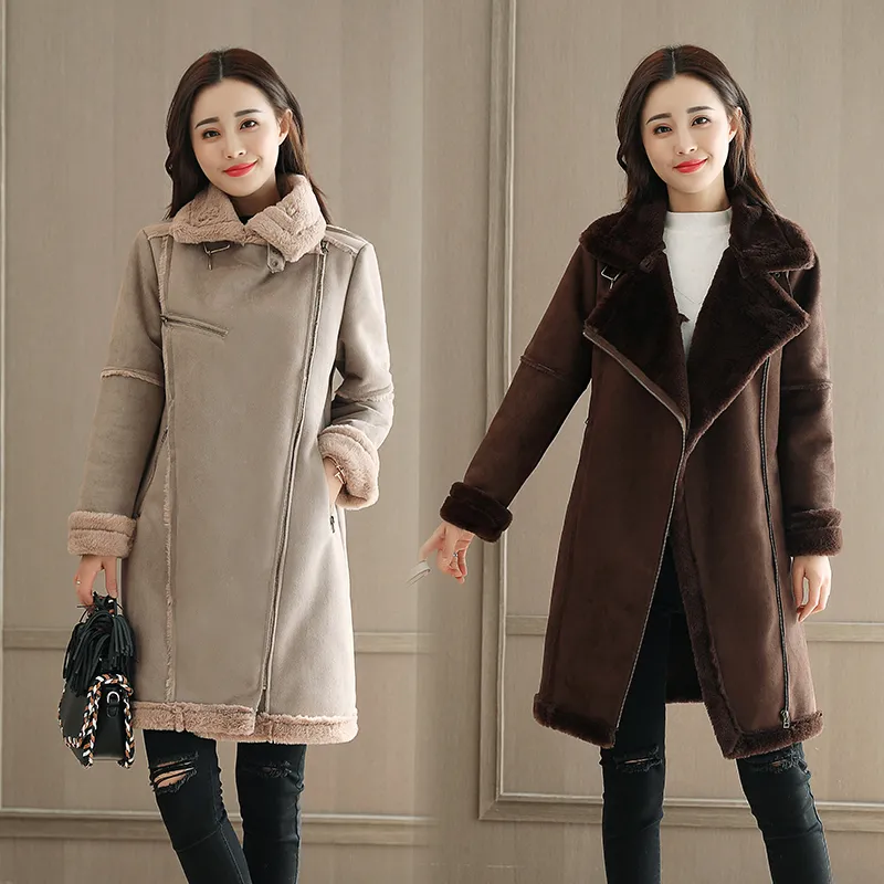 Cappotti invernali per le donne 2018 Brand New Addensare caldo Parka in pelle scamosciata Moda femminile Cappotto lungo Giacca da donna Cappotto in lana di agnello con cerniera