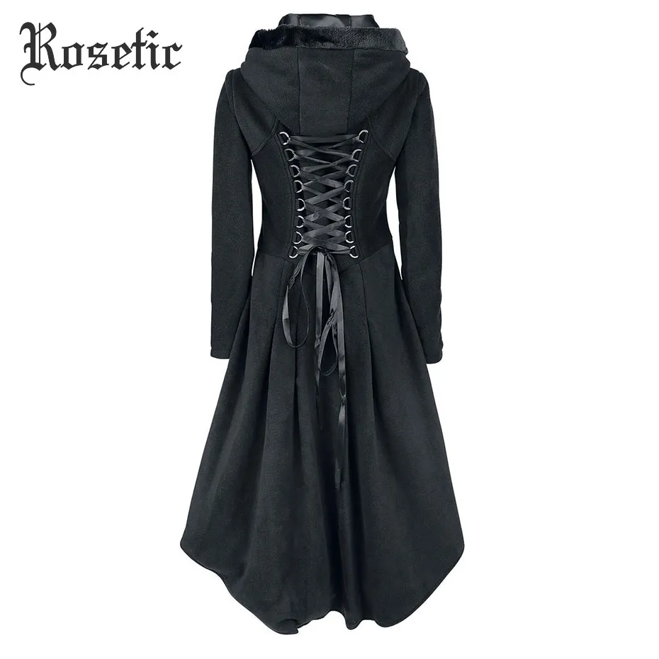Gothic Asymmetric Trench Coat Women Black Lace Up Hooded Polyester Long Sleeve Winter Outerwear