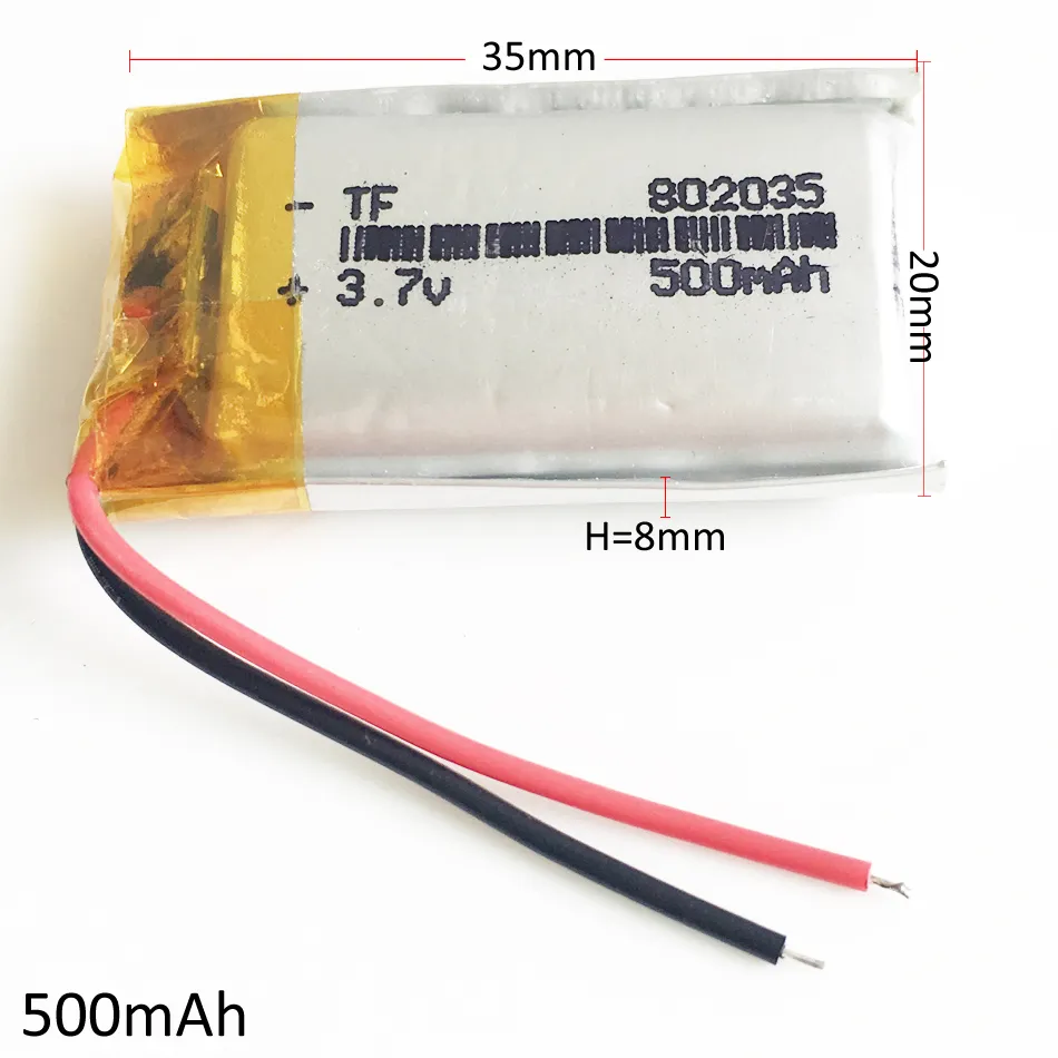 3.7V 500 MAH 802035 Lithium Polymeer Oplaadbare Batterij Lipo Cellen Li Ion Power voor MP3-hoofdtelefoon DVD GPS Mobiele Telefoon Camera PSP-speelgoed