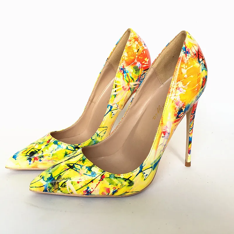 Wholesale Womens Yellow Patent Leather Doodle Floral Pointed Toe Stiletto Heel Pumps For Wedding Party Dress At Only 35.18 DHgate.Com