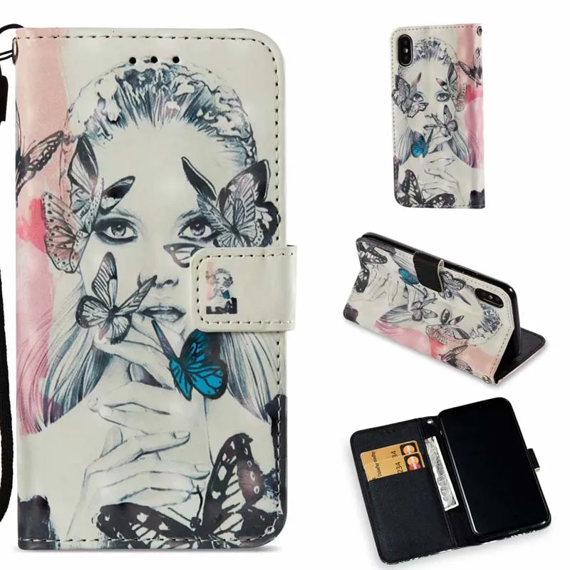 Etui en cuir 3D Dreamcatcher Butterfly Girl Wallet Flip Stand pour iPhone XS Max XR 8 7 Plus Samsung S10E Plus A8 2018