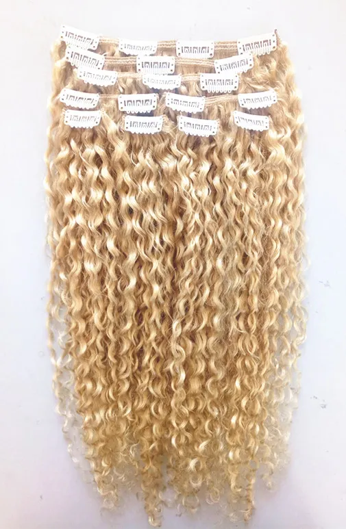 Nieuwe Aankomst Braziliaanse Humane Maagd Remy Clip Ins Hair Extensions Krullend Haar inslag Blonde Kleur met 18clips