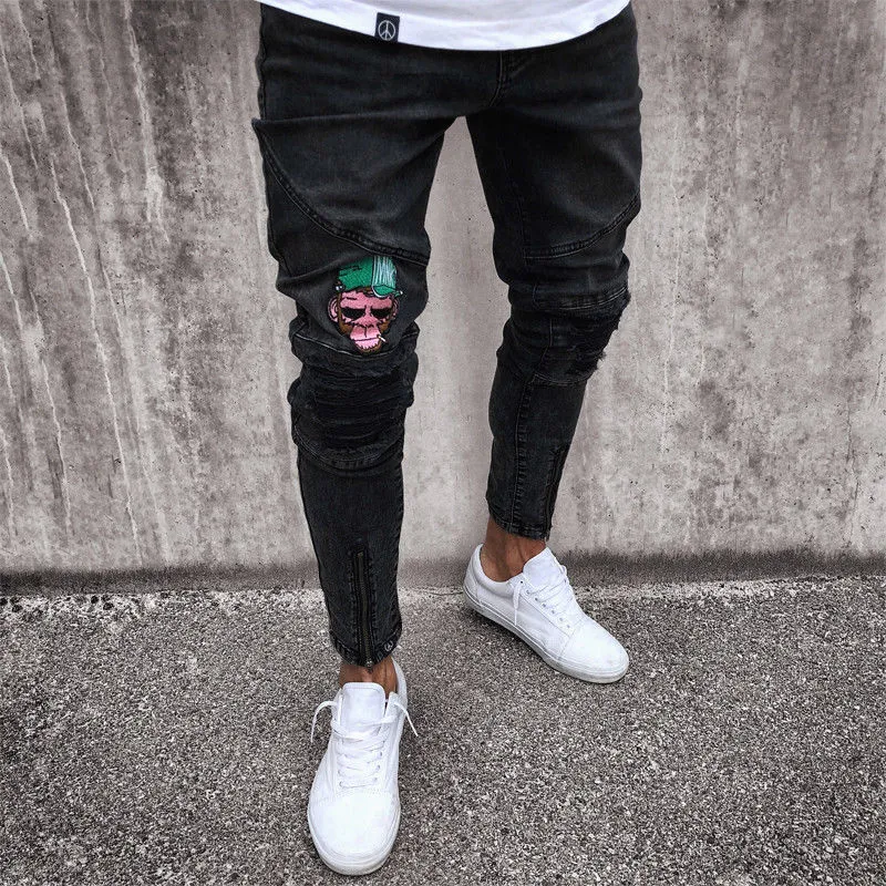 2018 Mode Hommes Skinny Jeans Ripped Slim fit Stretch Denim Distress Frayed Jeans Garçons Motifs Brodés Crayon Pantalon2684