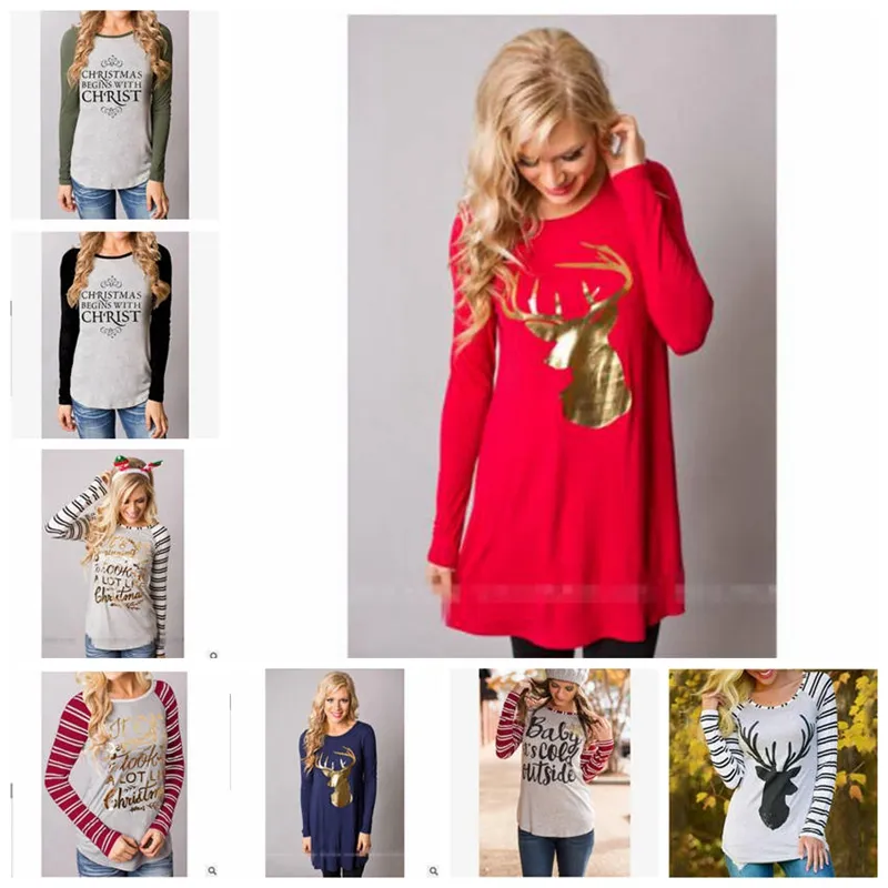 Noel T Shirt Elk Noel Geyik Gömlek Kadın Mektup Çizgili Tees Tops Casual Uzun Kollu Bluz Tasarımcı Kadın Giysileri YL564