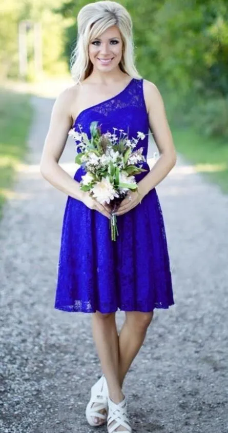 Pays sexy pas cher royal bleu dentelle courte demoiselle d'honneur robe de mariée à genouil