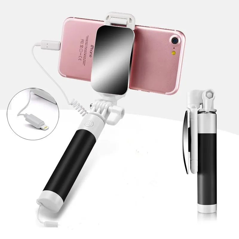 Mini Wire control Selfie Stick Monopiede pieghevole a specchio in acciaio inossidabile Estensibile Palmare portatile universale per Android Iphone 7 8 8plus x