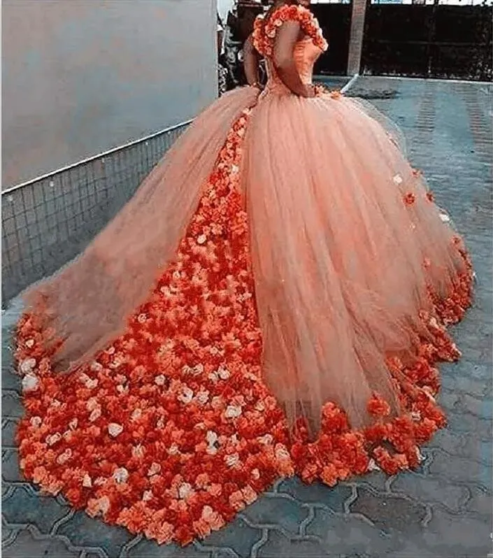 orange sweet 15 dresses Off-Shoulder Flower Gown: Princess Puffy Prom, Sweet 16, Masquerade & evening dress
