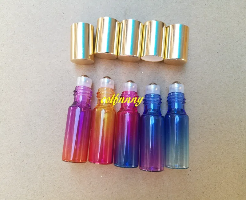 / Parti 5ml Gradient Rainbow Färgglas på flaska med stålrullflaska Essentiell olja Kosmetiska förpackningsflaskor C2201