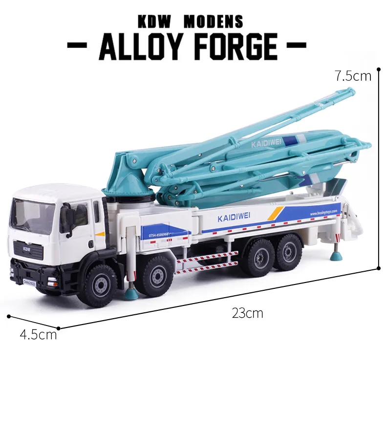 KDW Diecast Alloy Concrete Pump Truck Car Model Toy, Engineering Vehicle, 1:55 Scale, for Xmas Kid Birthday Boy Gift, Collect 625025, 2-1