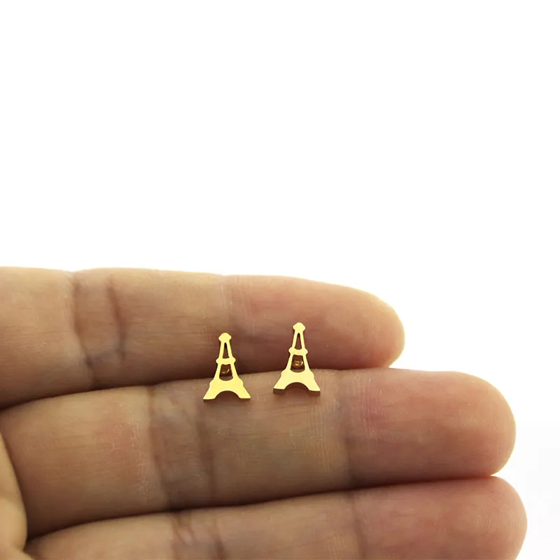 Everfast 10Pairs/Lot Tiny France Eiffel Tower Stainless Steel Earring Vacuum Plating Golden Ear Studs Jewelry For Women Kids T136