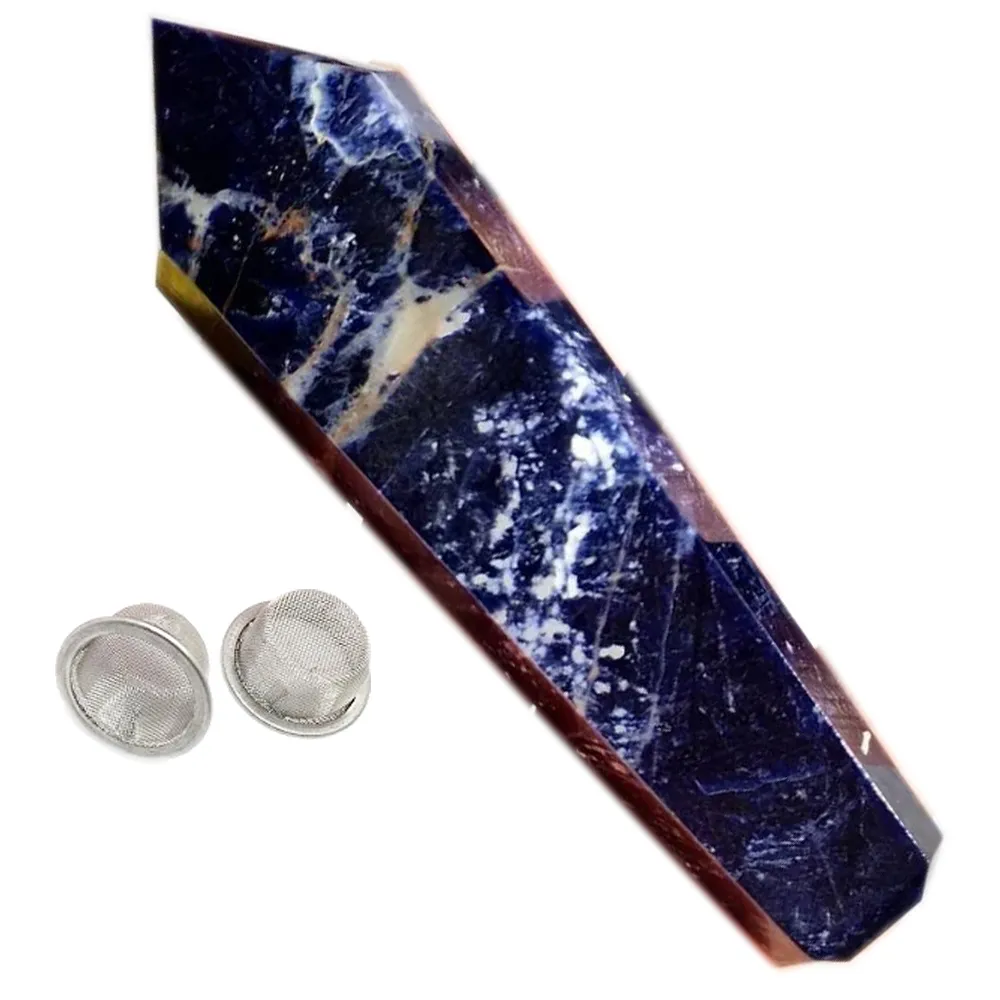 DingSheng Natural Blue Sodalite Quartz Smoking Pipe Crystal Stone Wand Point Cigars Pipes With 2 Metal Filters For Health Smoking