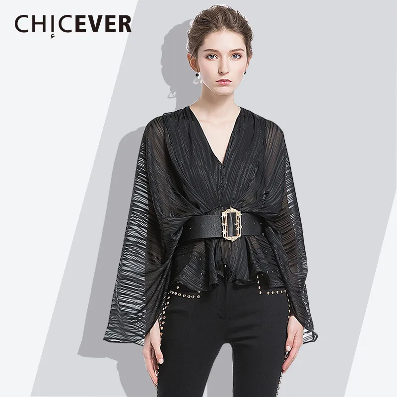 CHICEVER Striped Women's Shirt 2018 Summer V Neck Batwing Sleeve Short Female Blouses Style Fashion Clothing New