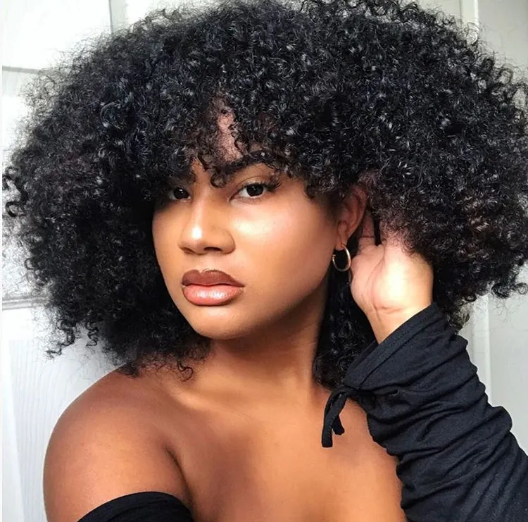 HOT NOUVELLE arrivée afro crépus perruque frisée douce brésilienne cheveux africain Ameri Simulation cheveux humains afro bouclés perruque complète avec une frange en grand stock