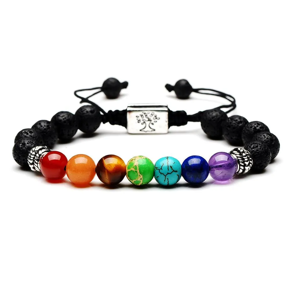 2023 Yoga Handmade 7 Chakra Albero della vita Fili di fascino Braccialetti di perline Pietre laviche Perline Corda Bracciale in pietra vulcanica nera bracciali da donna e da uomo