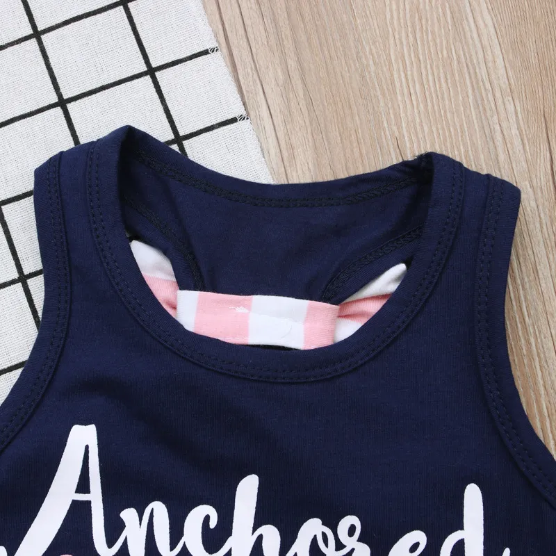 2018 Summer Girls Clothing Sets Baby Girl Outfits Kids Tank Top Navy Blue T Shirt+Pink Striped Pants Set Children Clothes