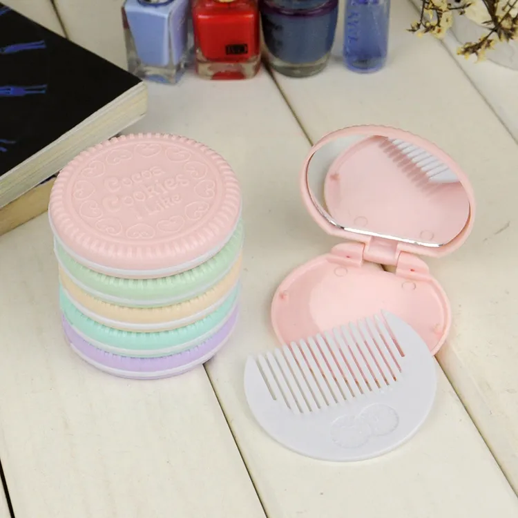 Cute Chocolate Cookie Shaped Design Makeup Mirror with Comb Lady Women Makeup Tool Pocket Mirror Home Office Use