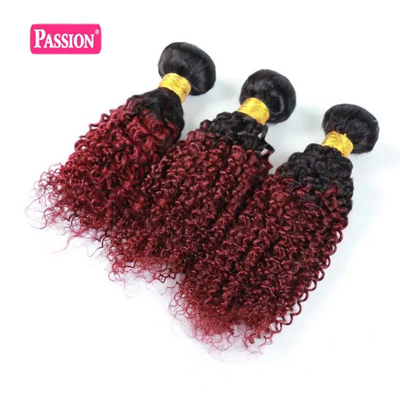 Brasilianska Ombre Burgundy Human Hair 3 Bundles Färgad 1B / 99J Två ton Kinky Curly Virgin Hair Weave Billiga Brasilianska Human Hair Extensions