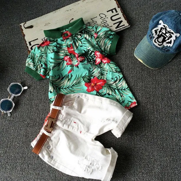 2 stücke Kleinkind Kinder Jungen Fashion Sets Blume Polo Shirt + Weiß Kurze Hosen Outfits Baumwolle Sommer Kleidung Set