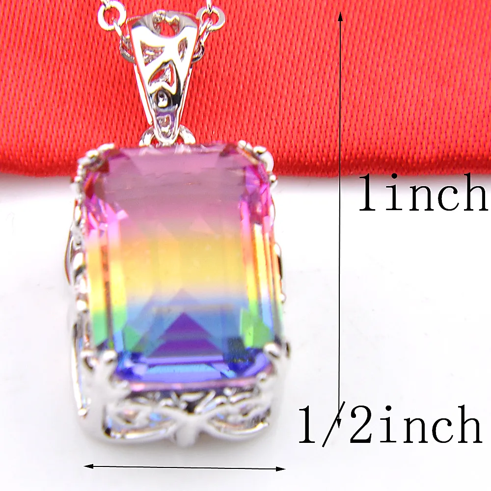 For Women Rectangle Gradient Rainbow Bi-Colored Tourmaline Gift 925 sterling Silver Necklace Pendants Jewelry 10 14 mm274y