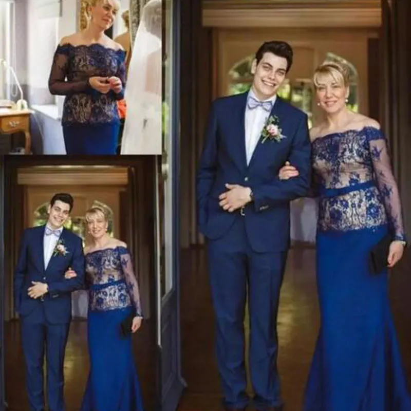 Nuevo vestido modesto de manga larga para madre de la novia con hombros descubiertos, encaje azul real, champán, sirena, vestidos formales para invitados de boda personalizados