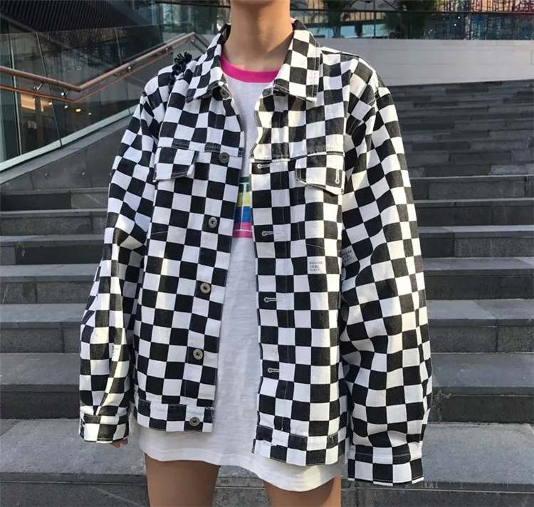 Plus Size Damskie Casual Turn-Down Collar Black White Plaid Kurtki Pojedyncze piersiowe Cienkie Harajuku Kurtki Luźne Punk Płaszcz