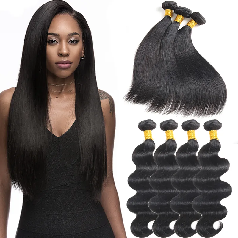 Cabello humano liso brasileño 3 o 4 paquetes Ofertas Sin procesar 8A Extensión de cabello humano virgen brasileño Onda del cuerpo Cabello virgen peruano Remy