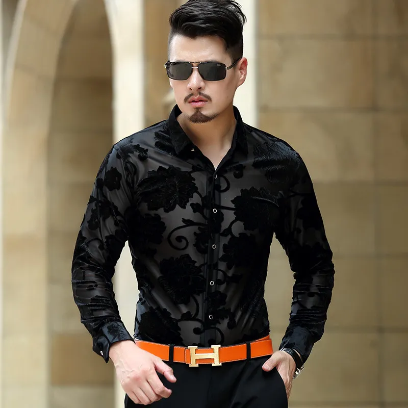 Transparent Flower Velvet Shirt Men See Through Lace Shirt Men