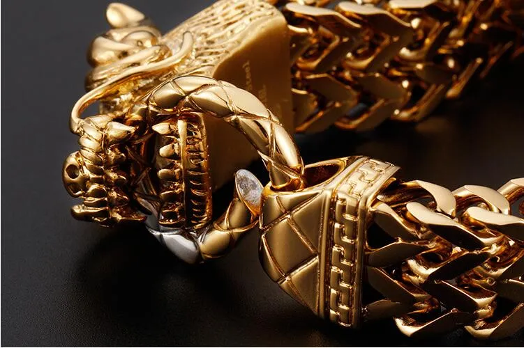 Punk rock 25cm Dragon Head Cool Mens Bracelets Bangles Gold Couleur en acier inoxydable Bracelet Bracelet Men de bijoux2847527