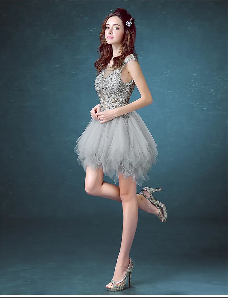 Lace Applique Summer Poncho Skirt Gray Cocktail Dress with Deep V-Back for School Dance and Prom - HY1804