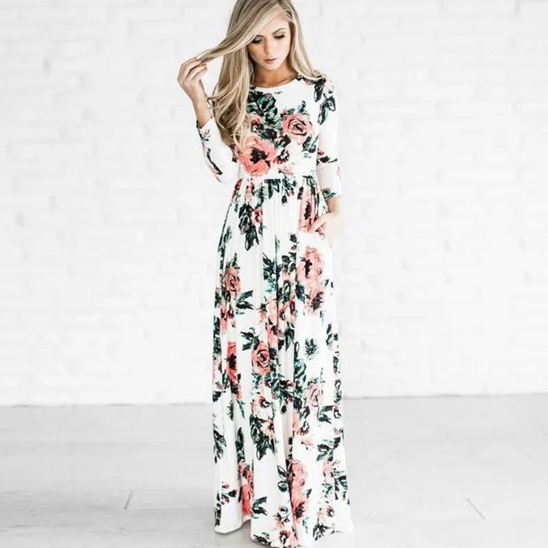 Women Sexy Long Sleeve Summer Fashion Style Long Party Dress Leisure Female Floral Print Dress Ladies Maxi Dress