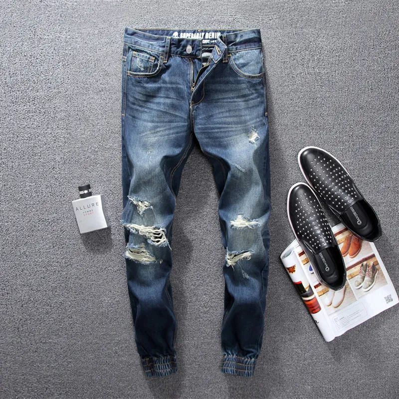Donkerblauwe kleur mode heren jeans topkwaliteit enkel banded vernietigd gescheurde jeans denim broek merk klassieke jogger mannen
