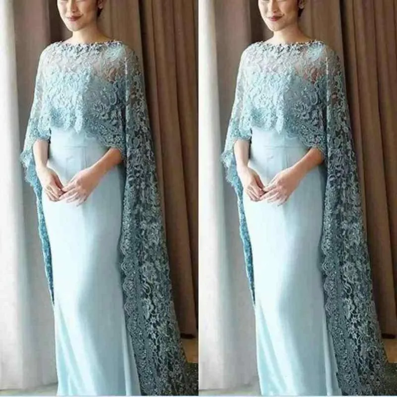 Robes mère de la mariée Style Cape en dentelle bleu clair, en mousseline de soie, longueur au sol, robe de bal sur mesure, robes de soirée, 2031