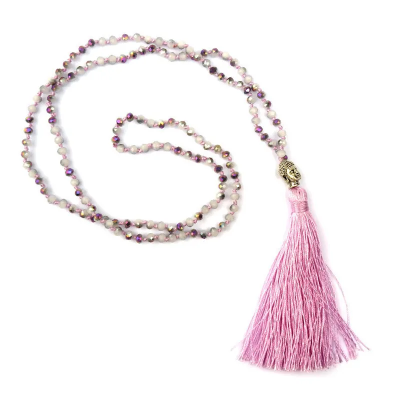 Mode Kvinnor Halsband 925 Silver Buddha Hängsmycke Glaspärlor Kristall Lång Tassel Böhmen Halsband Smycken Gift