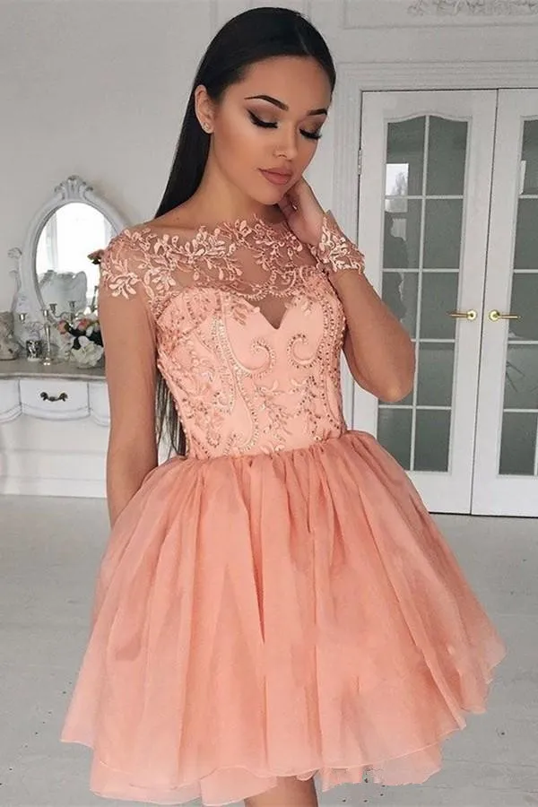 Coral Illusion Långärmad Homecoming Klänning Kort Sheer Neck Lace Hollow Zipper Girls Cocktail Party Graduation Party Gown Mini Prom Wear